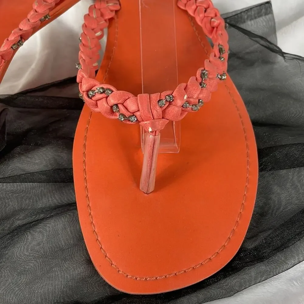 Coral Braided Jeweled Strap Flat Flip Flop Size 11/12.  Beach Coastal Summer Fun